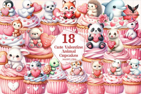 Adorable Valentine Animal Cupcakes Clipart for Creators