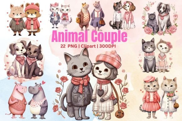 Charming Watercolor Animal Couple Valentine Day Design Assets