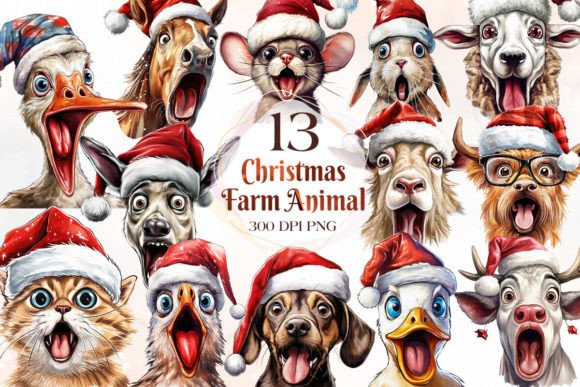 Funny Christmas Farm Animal Face Clipart for Festive Projects