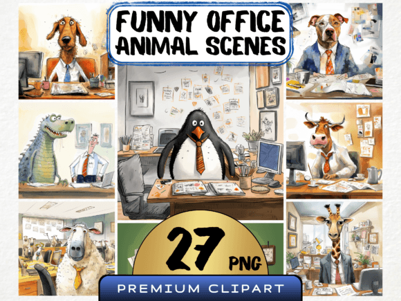 Funny Office Animal Scene Clipart Bundle: Inject Playful Humor