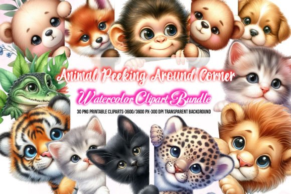Watercolor Animal Peeking Around Corner: A Whimsical Design Asset